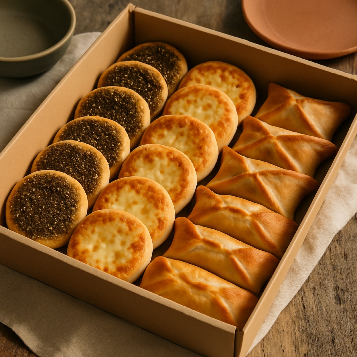 Box of mini za'atar manakish, cheese pizzas and spinach fatayer